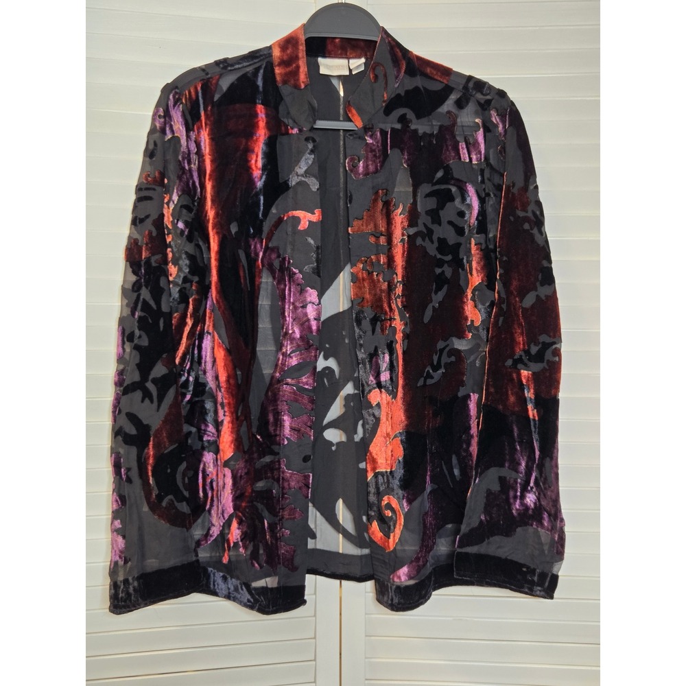 Chico's Collection Burnout Velvet Open Front Jacket Size 1 Purple Copper Sheer